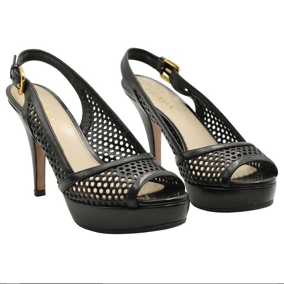 Prada Shoes - Prada Black Leather Mesh Slingback Heels